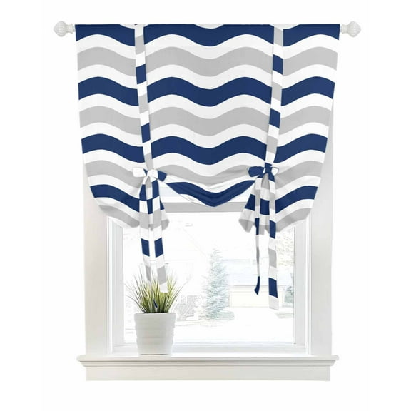 Navy Blue Grey White Tie Up Curtains for Window, Thermal Insulated Balloon Shade Adjustable Rod Pocket Curtains Valance Panels for Kitchen Bathroom Cafe 42 x 45 Abstract Geometric Ocean Wave Stripe