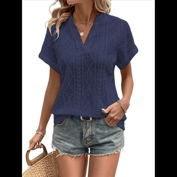 Tops de Verano para Mujer, Camisa Informal con Cuello en V y Mangas , Camiseta de Tirantes Ligera con Textura de Crochet Azul Oscuro L