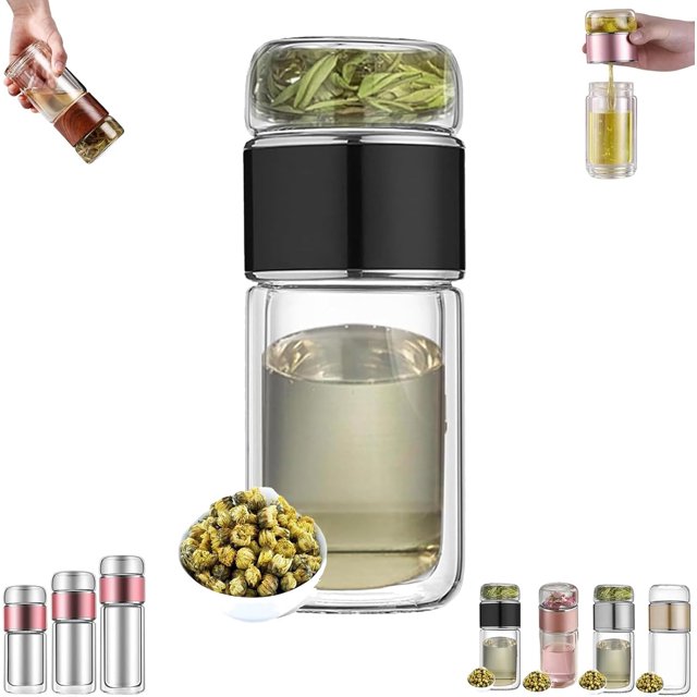 Alivefuser Tea Infuser, Portable Double Layered Tea Water Separation Glass TeaCup, 3 in 1 Tea Maker, 304 Stainless Steel Filter, Portable Loose Leaf Teas Maker for Travel, Office, Home (black,280ml)