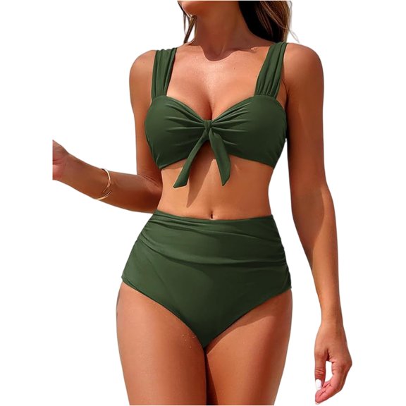 High Waisted Bikini Sets for Women Swim Suits 2026 Tummy Control Ruched Solid Color Bikini Two Piece Bathing Suit Swimwear Army Green L