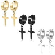 RUANKEKE 3 Pairs of Cross Earrings Dangle Hinged Men Earrings Stainless Steel Cross hoop Earrings for Men and Women Silver Gold Black