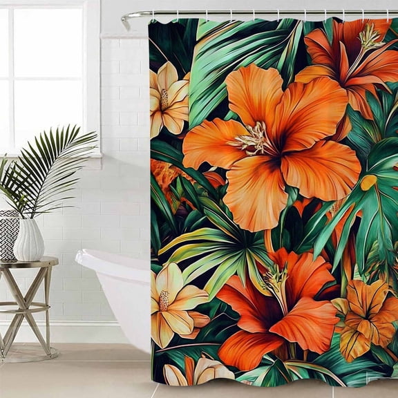 Burnt Orange Floral Long Shower Curtain Set, Waterproof Shower Curtains for Bathroom, Tropical Botanical Leaves Floral Washable Fabric Cloth Bath Curtain for Bathtub with Hooks 72x84 Inches