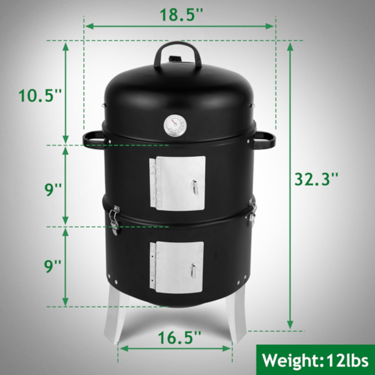 Alvantor 2 Layer Vertical Charcoal Smoker with Thermometer and Access Doors Black 18.5 x 16.5 x 32.3 in