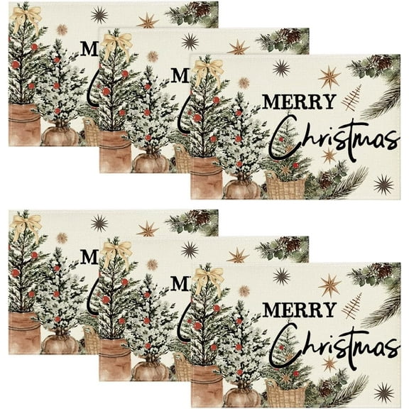 mubwai Xmas Trees Holly Pine Cone Merry Christmas Placemats Set of 6, 12x18 Inch Seasonal Winter Holiday Table Mats for Party Kitchen Dining Decoration
