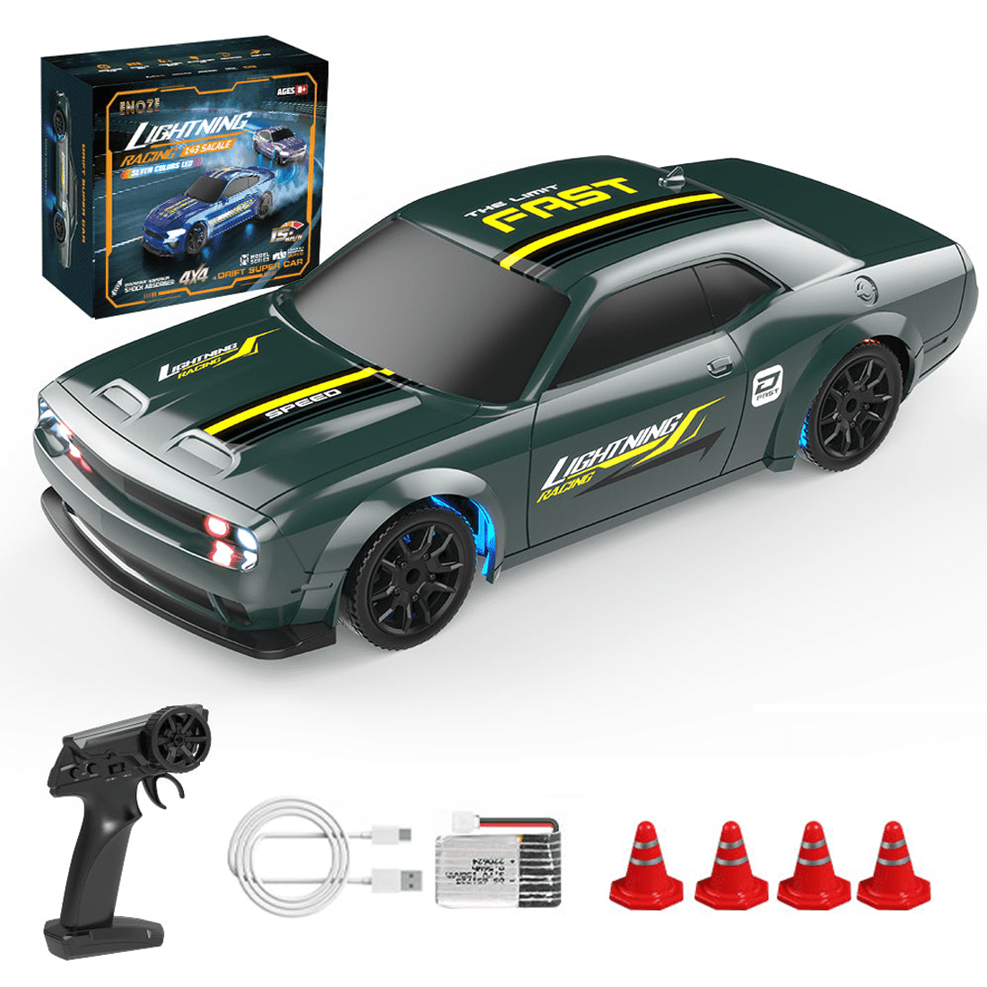 1/43 Scale Full Proportional Mini RC Drift Car with LED Lights, 15 KM/H 2.4GHz Remote Control Electric Racing Model, 4WD Electric Drifting Vehicle for Adult