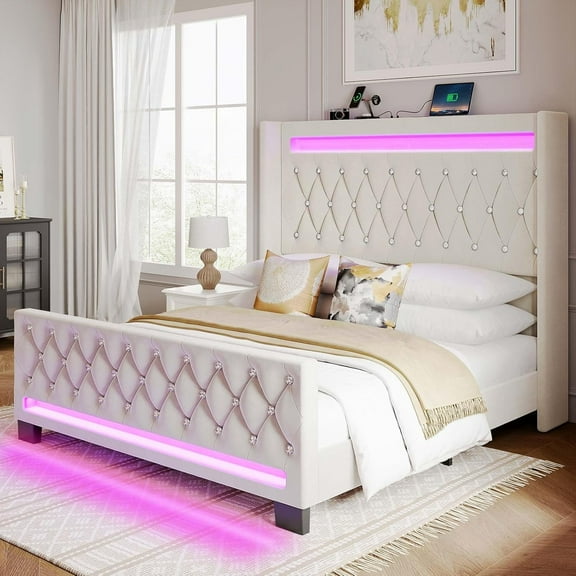 Queen Bed Frame with LED Light and Charging Station, Upholstered High Headboard and Footboard, Wood Slats, Noise Free, Easy Assembly, Beige