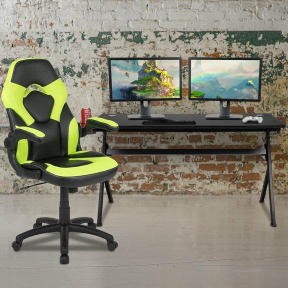 BizChair Gaming Desk and Green/Black Racing Chair Set /Cup Holder/Headphone Hook/Removable Mouse Pad Top - 2 Wire Management Holes