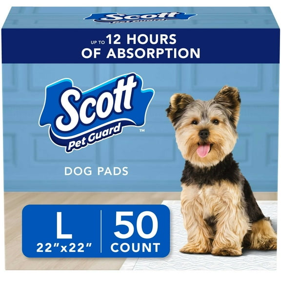 Scott Pet Guard Dog Pads - Dog Training Pee Pads for Puppies, Medium & Large Dogs - Up to 12 Hour Absorbent Odor Control - Easily Disposable Dog Pee Pads - Size Large - 22" x 22" - 50 Pack