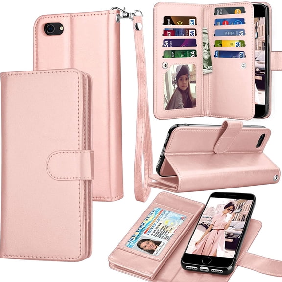 Tekcoo Wallet Case For iPhone SE 2020 / iPhone 7 8 4.7" Luxury ID Cash Credit Card Slots Holder Carrying Pouch Folio Flip PU Leather Cover [Detachable Magnetic Hard Case] Lanyard - Rose Gold