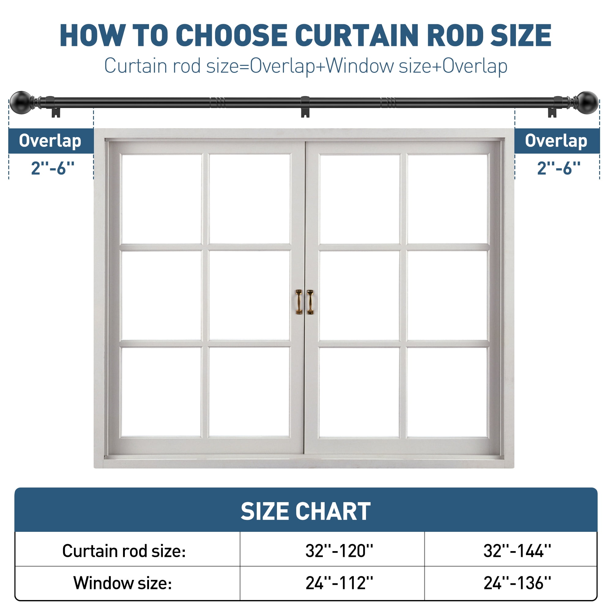 Curtain Rods for Windows 32 to 144 inch, Adjustable Window Curtain Rod, Single Window Curtain Rod with Ball Finials, 1 inch Diameter Decorative Curtain Rod Set, Modern Decorative Drapery Rods