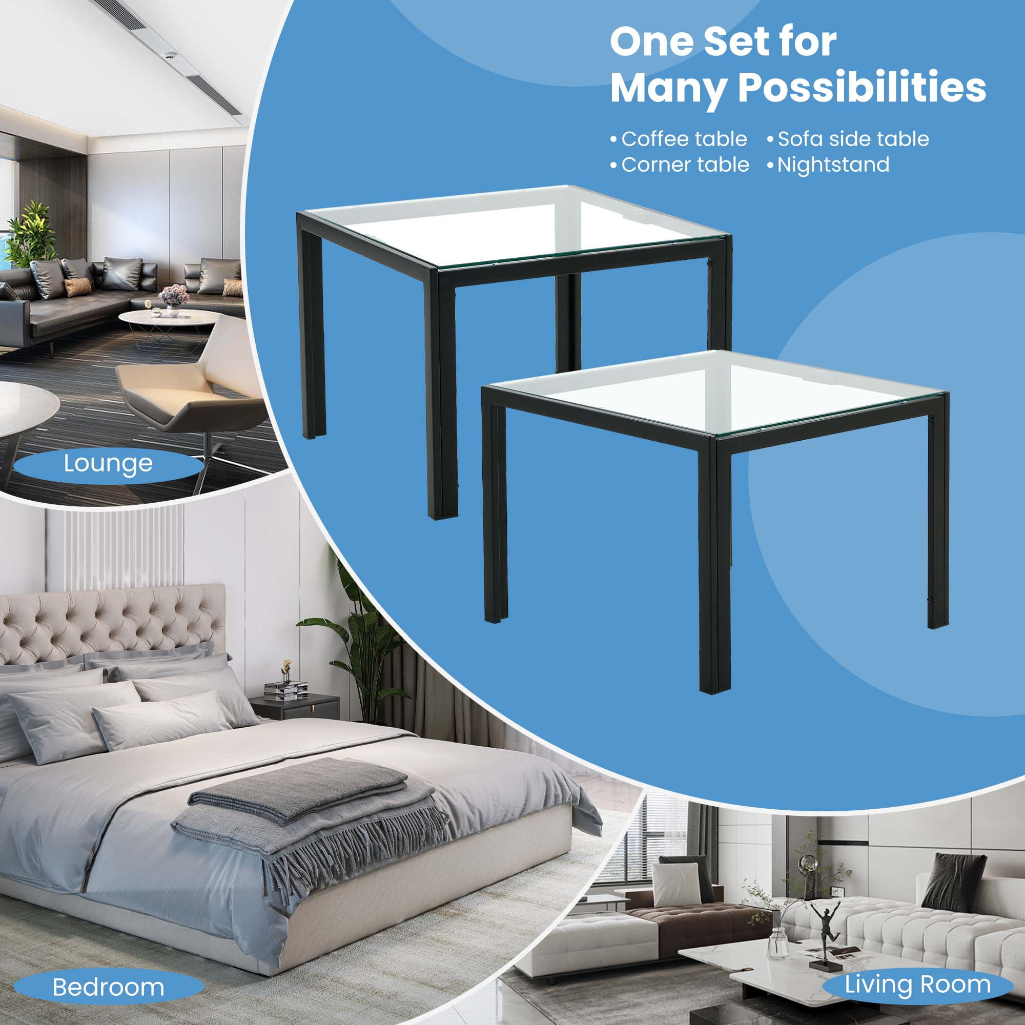 Aukfa Modern Coffee Table Set of 2, End Table Side Tables for Living Room Bedroom Yard, Transparent