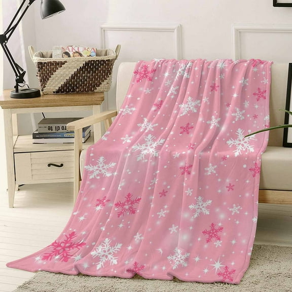 Pink Christmas Snowflakes Throw Flannel Blanket 50x60In Winter Snowfall Shiny White Modern Super Soft Cozy Bed Blanket, Lightweight Plush Fuzzy Bed Throw for Bedroom Sofa Couch Living Room