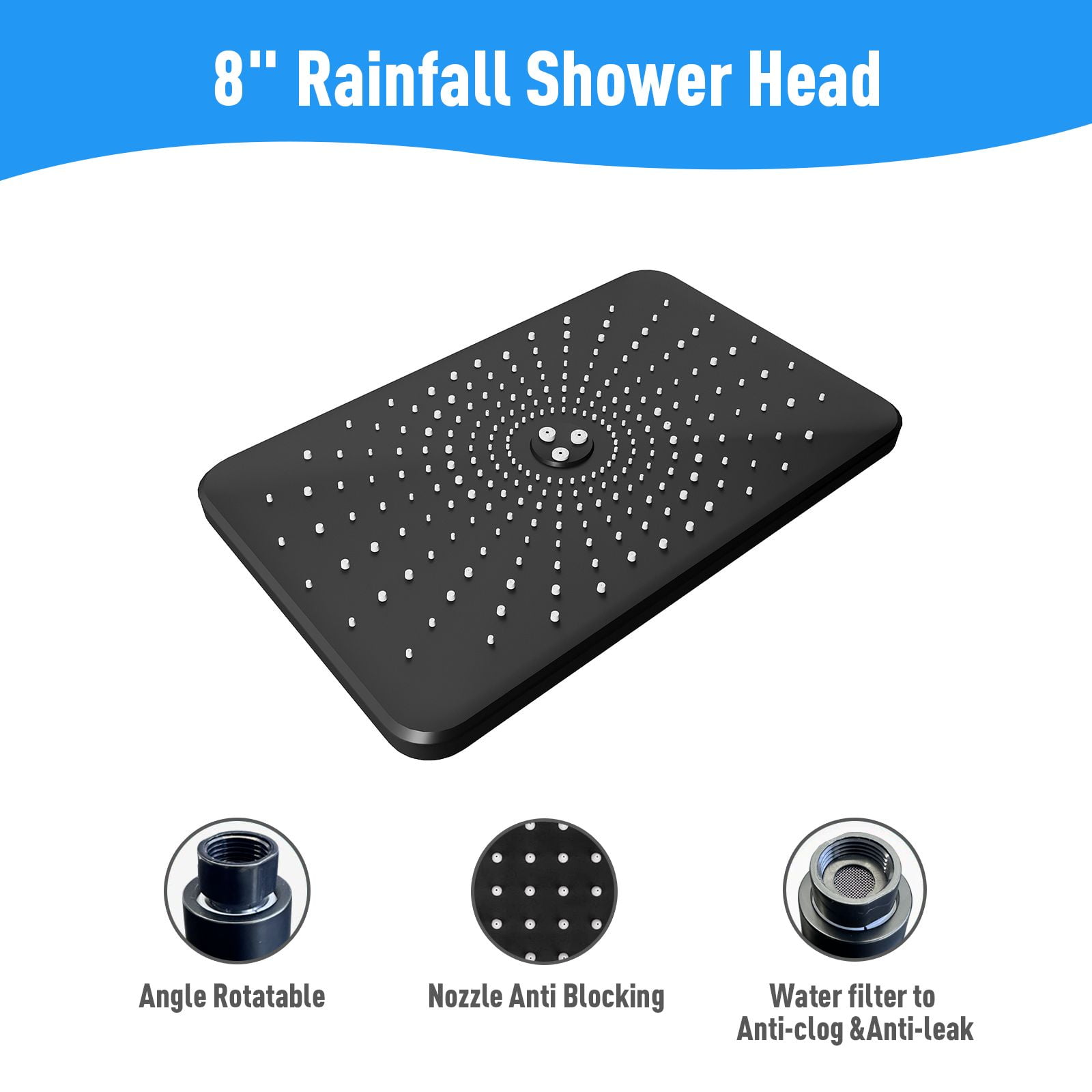 IUSU 11.8" Shower Head Set High Pressure Rainfall Rain Shower Head 8-Setting Handheld with Hose Black