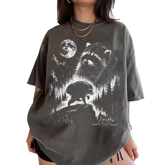 Vintage Jimothy Raccoon T-Shirt for Men and Women, Moon and Forest Wildlife Graphic Tee, Sizes S-3XL