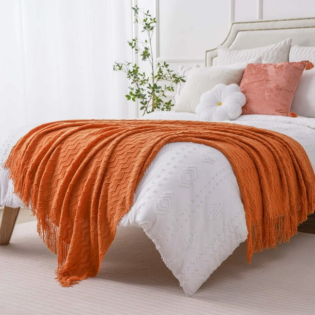 BATTILO HOME Burnt Orange Throw Blanket for Couch Decorative Knitted Spring Blankets with Tassels Soft Lightweight Textured Solid Fall Decor Throw
