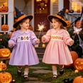 thumbnail image 5 of larppty Toddler Baby Girl Halloween Outfit Plaid Smocked Dress Pumpkin Ghost Long Sleeve Dresses Girls Fall Winter Clothes, 5 of 8