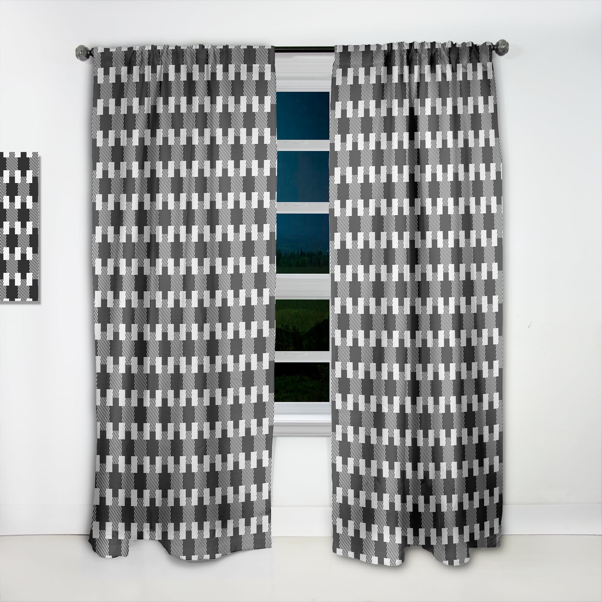 Designart 'Geometric Black and White Pattern II' Mid-Century Modern Black Sheer Curtain Panel