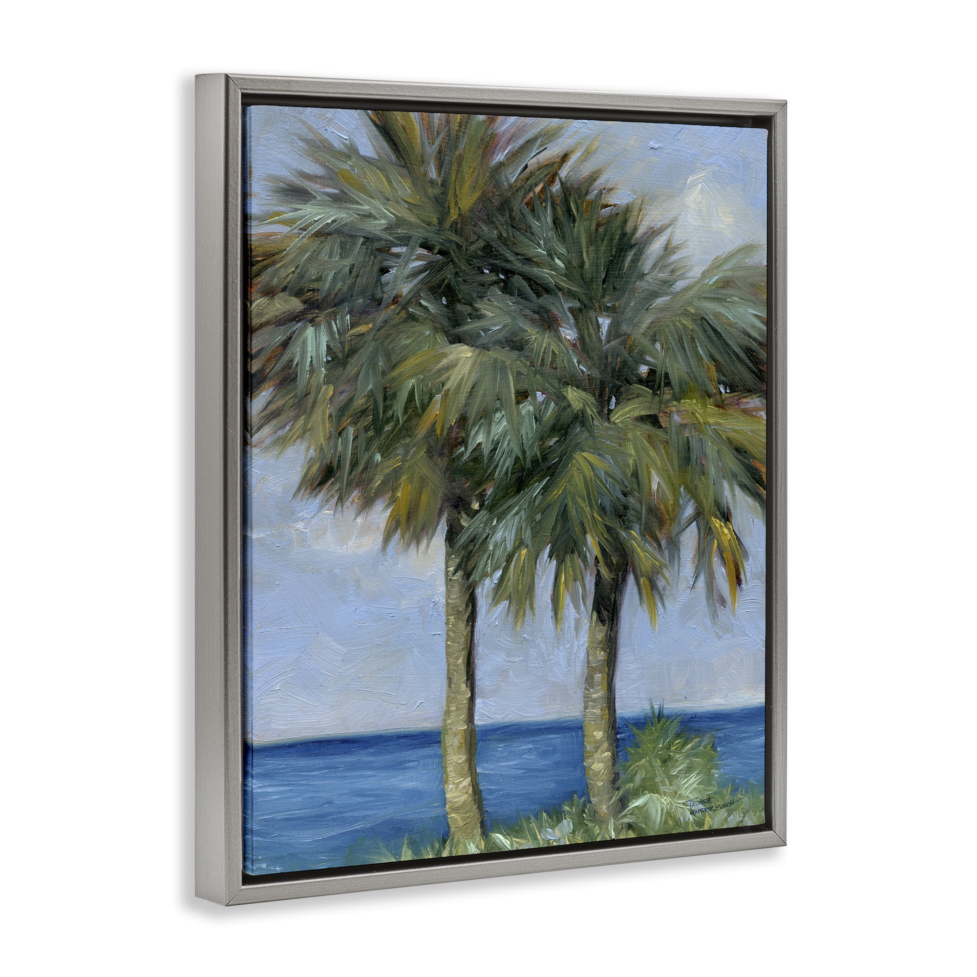 Stupell Industries Full Brushed Palms Landscape Painting Gray Floater Framed Canvas Art Print Wall Art, 17 x 21