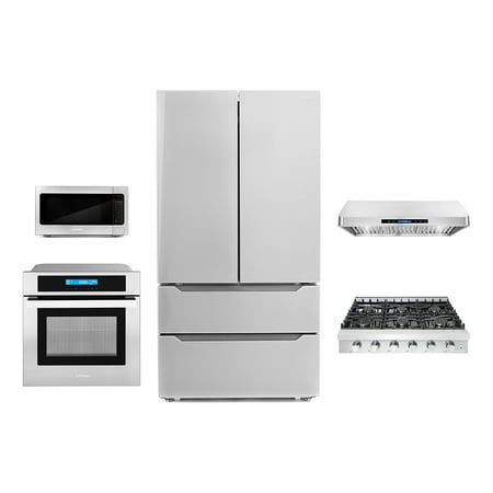 Cosmo 5 Piece Kitchen Package With 36" Slide-In Gas Cooktop 30" Single Electric Wall Oven 24.4" Countertop Microwave French Door Refrigerator & 24" Built-in Fully Integrated Dishwasher
