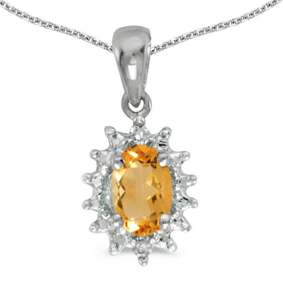 10k White Gold Oval Citrine And Diamond Pendant with 18" Chain