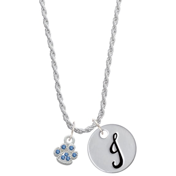 Delight Jewelry Silvertone Mini Paw with Blue Crystals Silvertone Script Initial Disc - J - Charm Necklace, 20"+3"