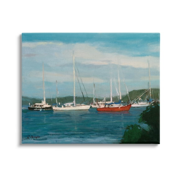 Stupell Industries Sailboat Fleet Afloat Ocean Water Distant Hills Painting Gallery Wrapped Canvas Print Wall Art, Design by Stephen Calcasola