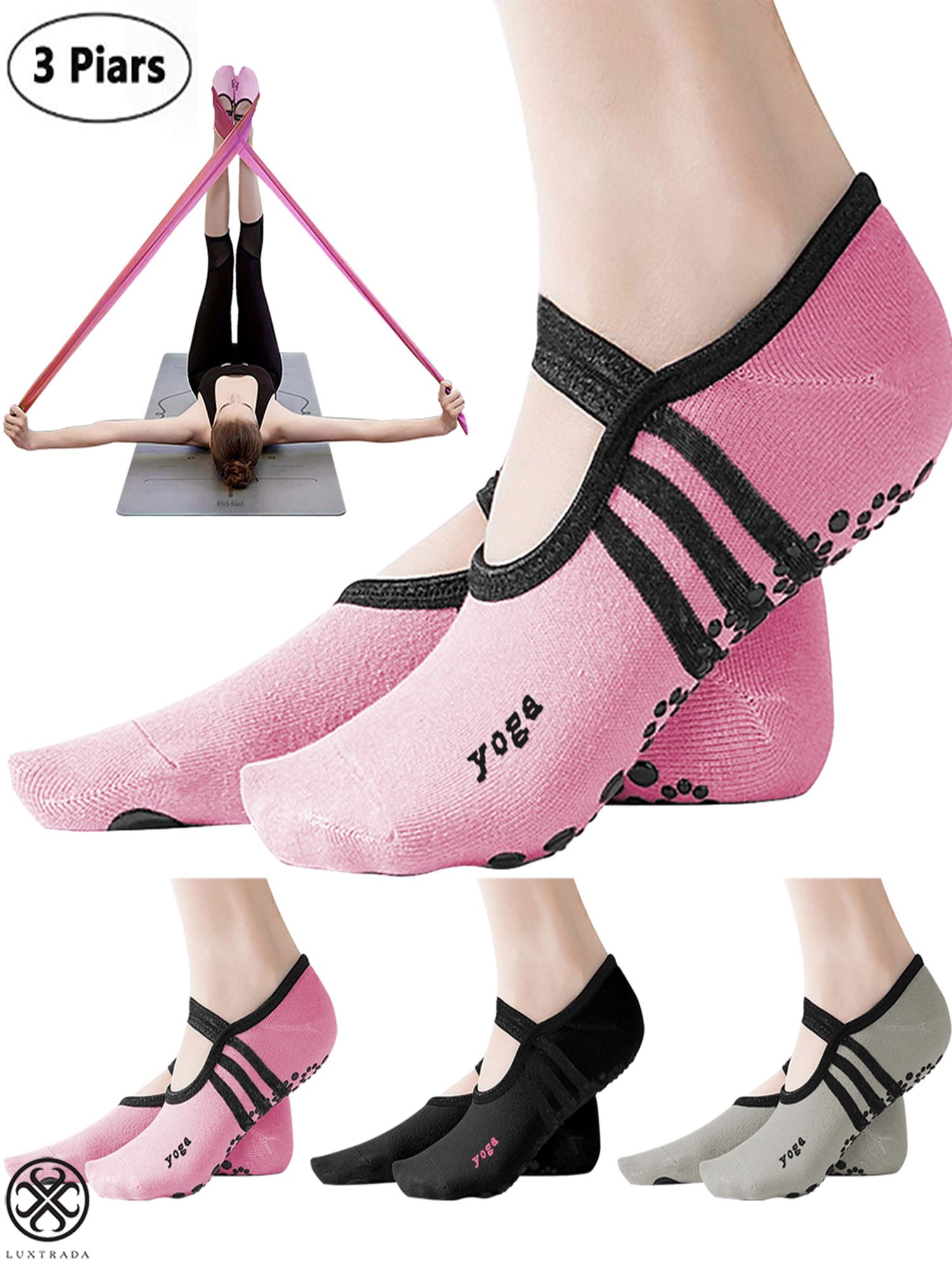 Luxtrada 3 Pairs Pilates Yoga Socks Non Slip Pilates Socks Breathable