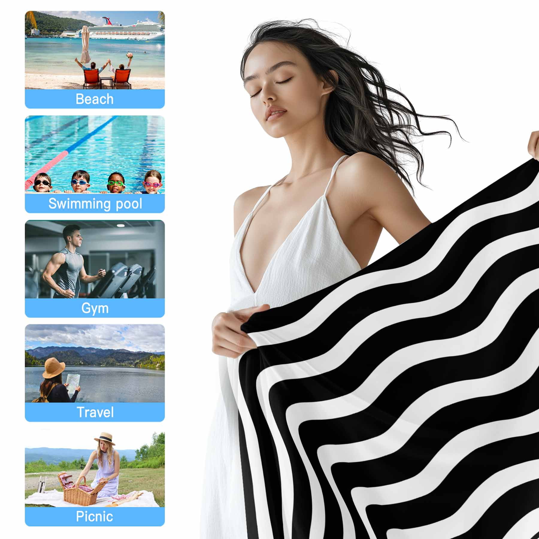 Geometric Striped Pattern Beach Towels Blanket Soft&Absorbent Quick Dry Microfiber Black and White Wave Pattern Pool Towels for Swimming ,Yoga, Sports, Gym, Camping,Large 35X70in,