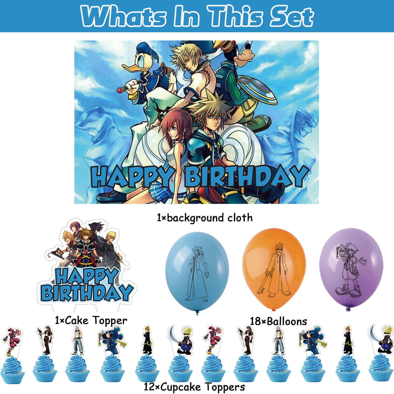32 Pcs For Kingdom Hearts Cartoon-Themed Party Decorations and Favors Set – Backdrop, 13 Cupcake Toppers, and 18 Balloons for Celebration Birthday Parties