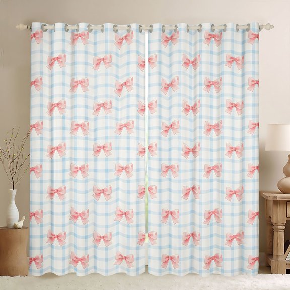 Manfei Modern Geometric Grid Blackout Curtains,Pink Kawaii Bowknot Window Curtains Pack of 2 (38x45 Each)