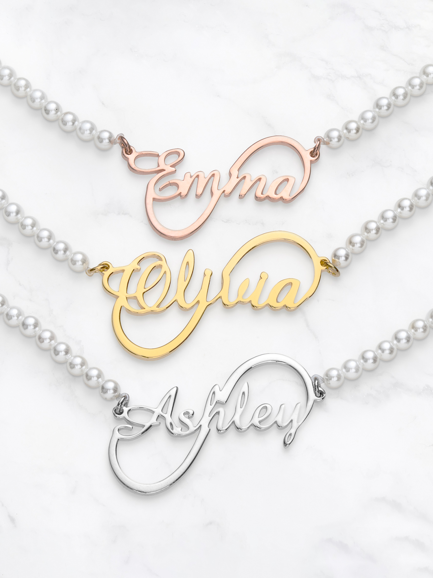 Personalized Planet Script Name Infinity Shell Pearl Necklace ,Women's