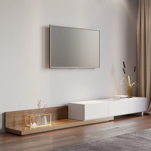 Homary Rectangle Wood Extendable TV Stand White and Walnut Media Console with 3-Drawer