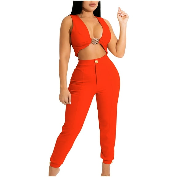 Outfits Set for Women Womens Two Piece Outfits Fall Women's Fashion Two piece Solid Color V Neck Tube Tank and Long Pants Casual Suit my items ordered