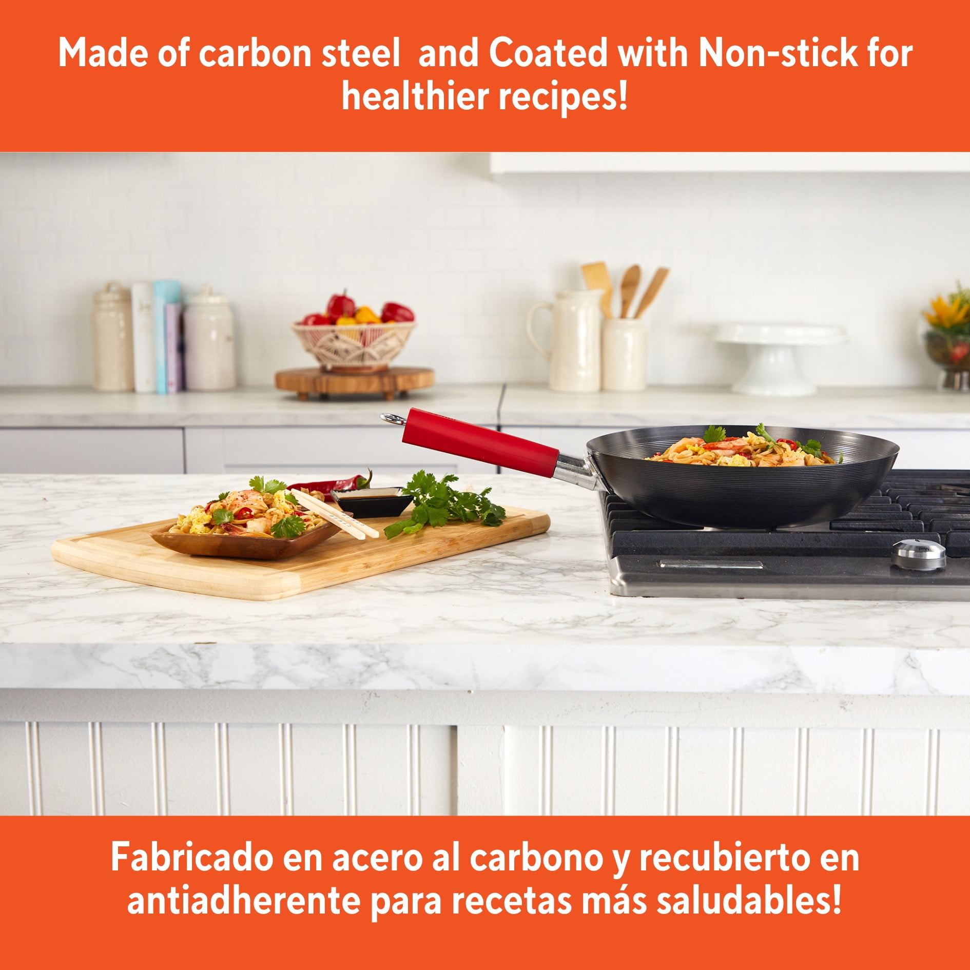 IMUSA 12in Carbon Steel Nonstick Wok with Red Soft Touch Handle, Black