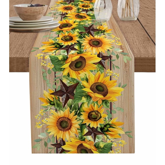 Hokiten Table Runners 48 Inches Long Dress Scarves, Brown Sunflower Farmhouse Kitchen/Dining Table Runner, Short Coffee Tablerunners, Rustic Country Star Spring Summer Wooden 13x48 Inch