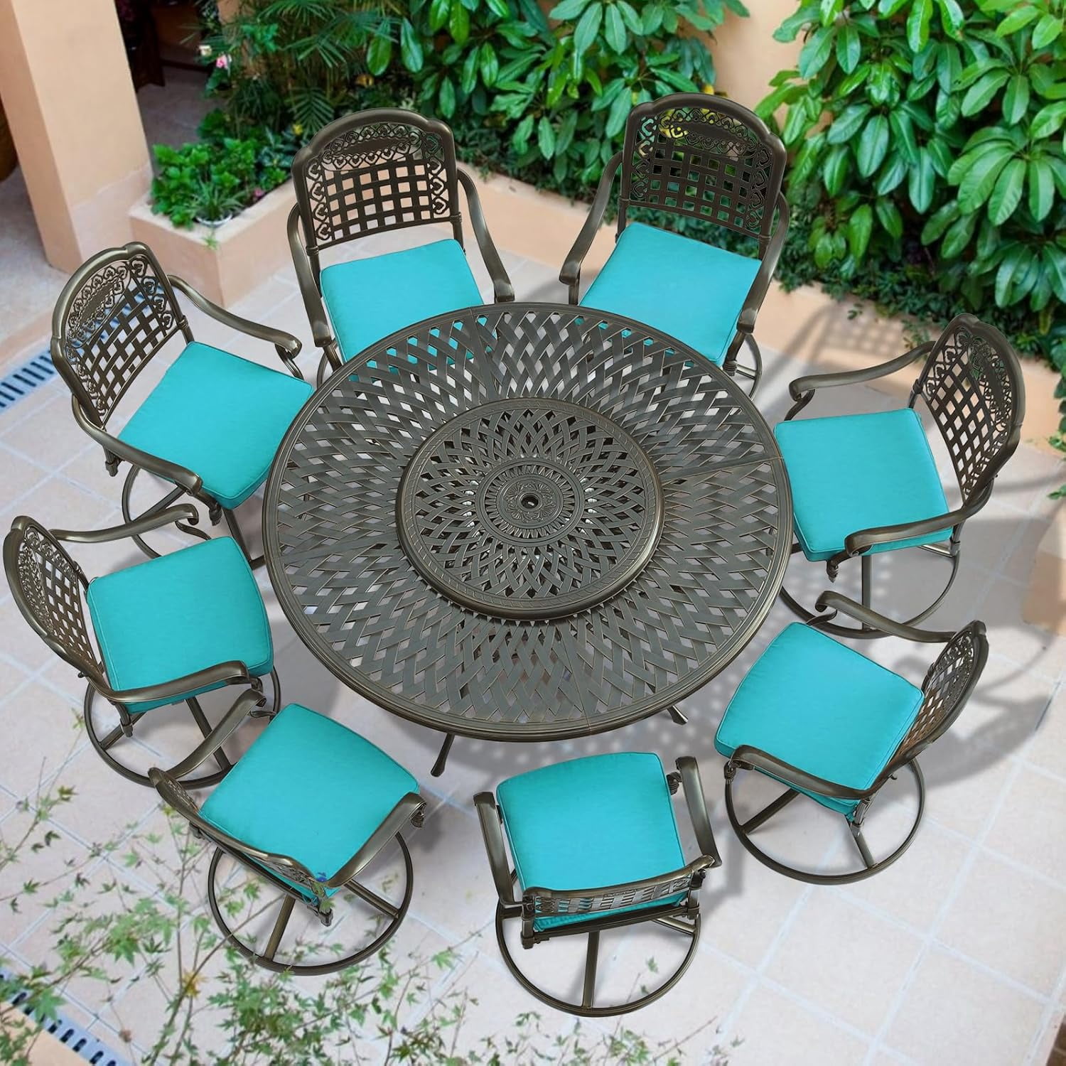 VIVIJASON 9-Piece Outdoor Furniture Dining Set, Rust-Free Cast Aluminum Patio Conversation Set, Include 8 Swivel Dining Chairs & 61" Round Dining Table with 31" Lazy Susan, Umbrella Hole, Ocean Blue