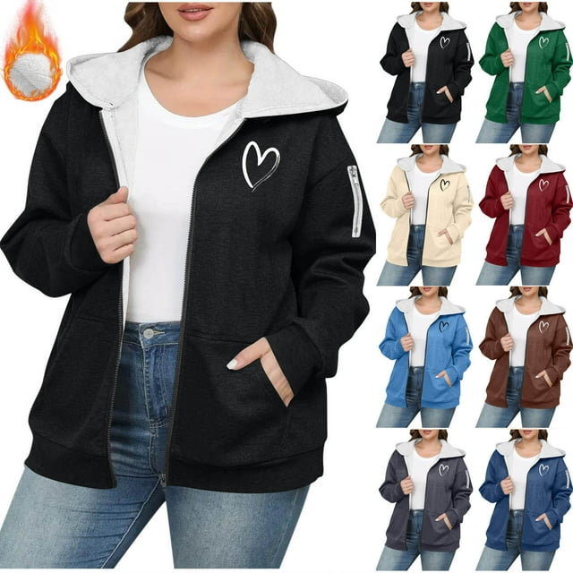 Tranfacy Zip Up Hoodie Womens Hoodies Winter Tops Large Size Solid Color Hooded Plus Velvet Thickened Drop Shoulder Sweater