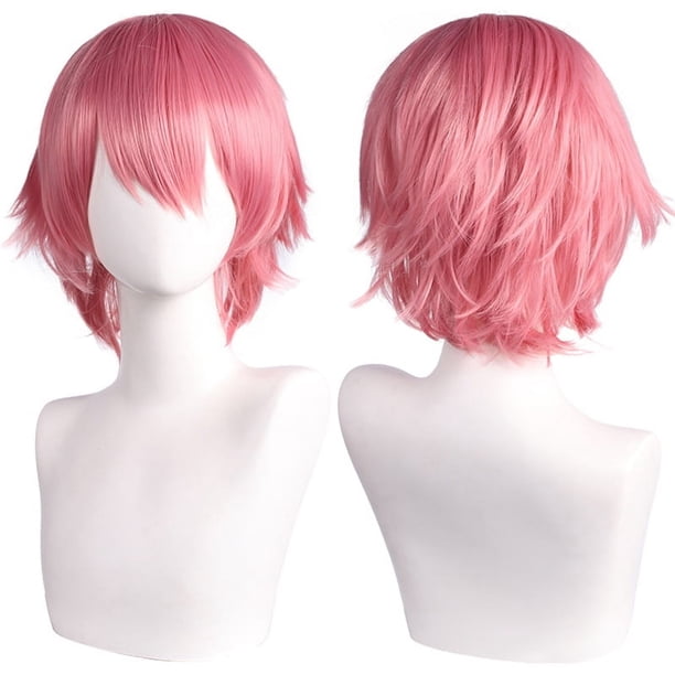 Zhuge Peluca de pelo corto unisex de anime, peluca de anime para cosplay, pelucas sintéticas resistentes al calor para fiesta de disfraces con flequillo, rosa oscuro