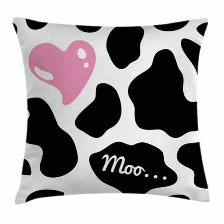 Cow Print Pattern - Cow Print Throw Pillow Cushion Cover, Camouflage Hide Pattern in Black and White with Cute Pink Heart Shape Moo, Decorative Square Accent Pillow Case, 16 X 16 Inches, Pink Black White, by Ambesonne