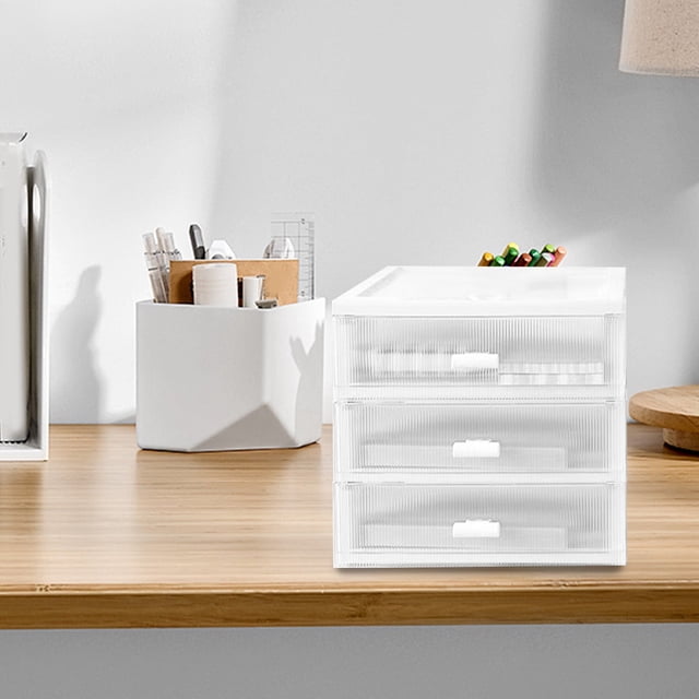 Organizador de escritorio de plástico con 3 cajones, color blanco, para guardar suministros de oficina, maquillaje, cajones, escritorio, versátil, para papelería, arte y manualidades.