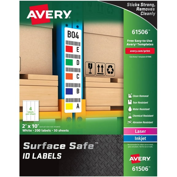 Avery Surface Safe ID Label Removable Adhesive, Rectangle, Laser, Inkjet, White, Film, 4 / Sheet, 50 Total Sheets, 200 Total Label(s), 5