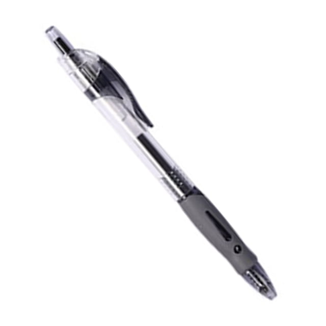 bolígrafos retráctiles, diseño clásico, escritura suave, uso multifuncional para estudiantes y oficina, carcasa de plástico resistente Vista 3/4 de un bolígrafo Anggrek con cuerpo translúcido, clip negro, zona de agarre de goma gris texturada, punta 0.5 mm y cartucho de tinta oscuro sobre fondo blanco; tamaño aproximado 15x2x1 cm. También suele usarse como bolígrafo de viaje por su diseño compacto.
