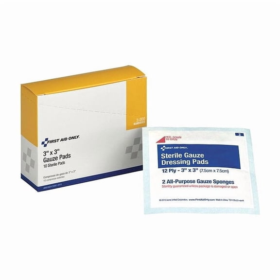 First Aid Only Gauze Pad, Sterile, White, No, Gauze, PK10 3-200