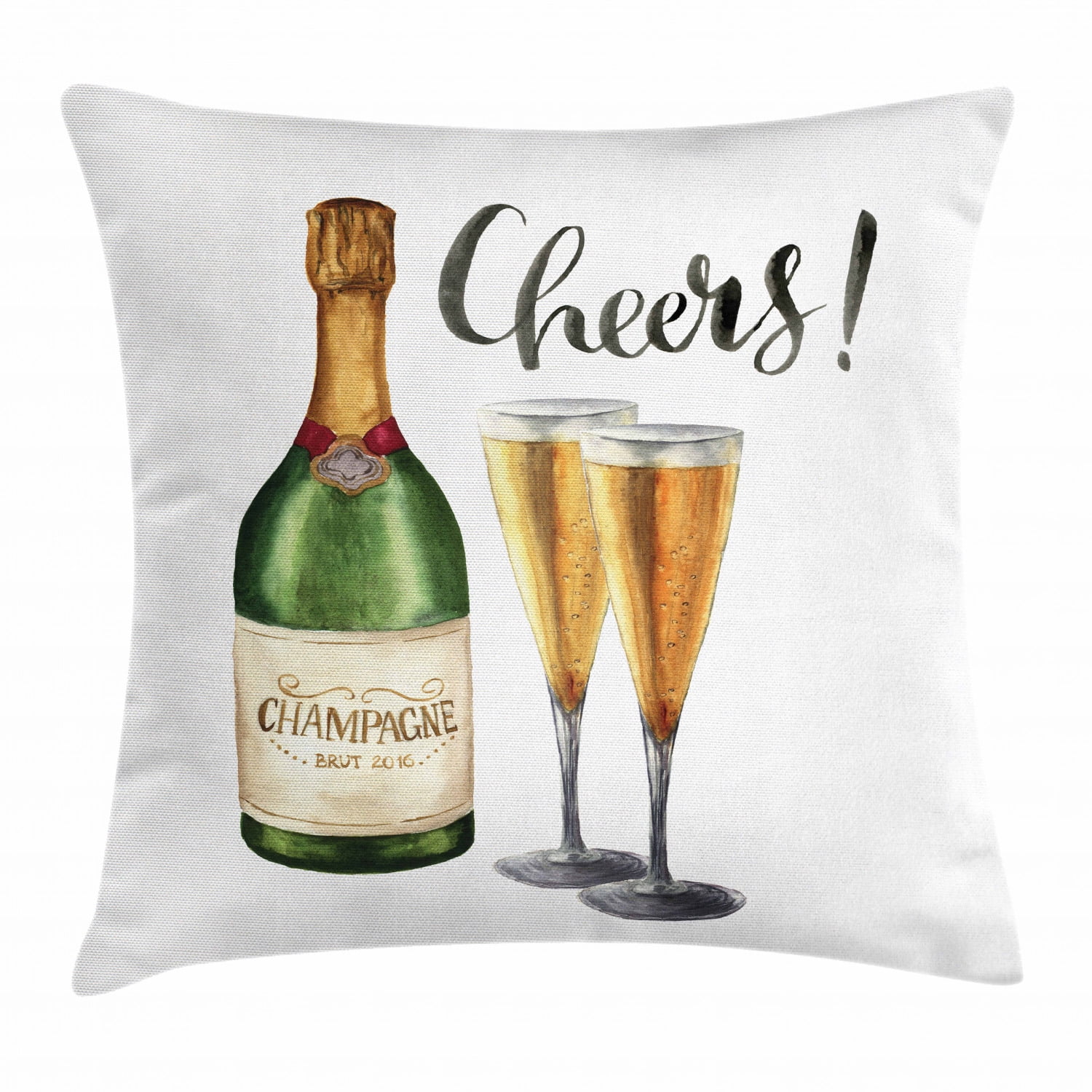 Champagne Throw Pillow Cushion Cover, Cheers Lettering with Glasses