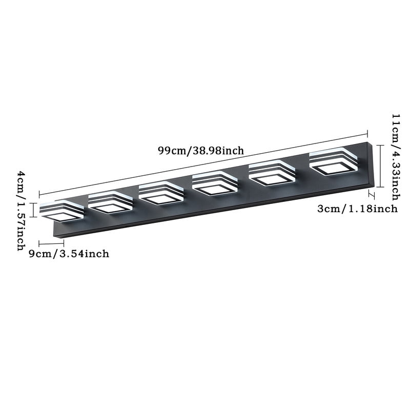 39" Modern Black 6-Light LED Vanity Light with Square Acrylic Shades, Hardwired Wall Mount Bathroom Lighting Fixture for Mirror, Powder Room, or Bedroom Décor
