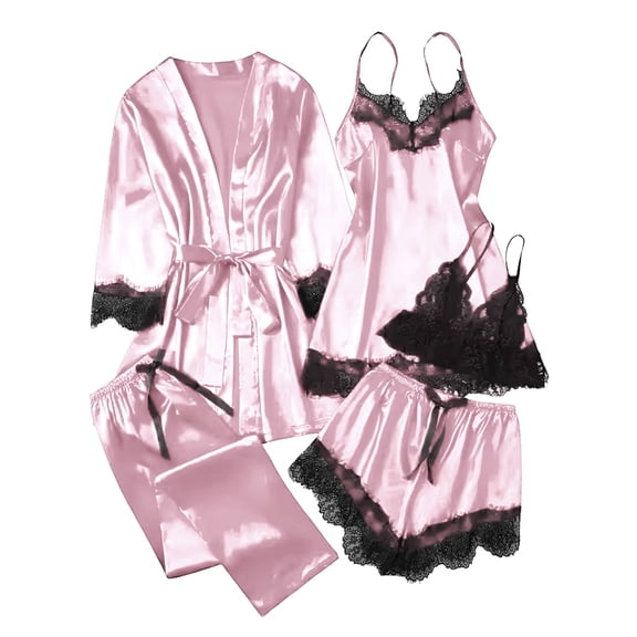 Gytharion Pajama Sets for Women 5 Piece Silk Loungewear Outfits Soft Comfy Satin Nightgown Robe Cami Top Short and Long Pant Pj Sets Fashion Solid Casual Lace Trim Matching Sleepwear Set