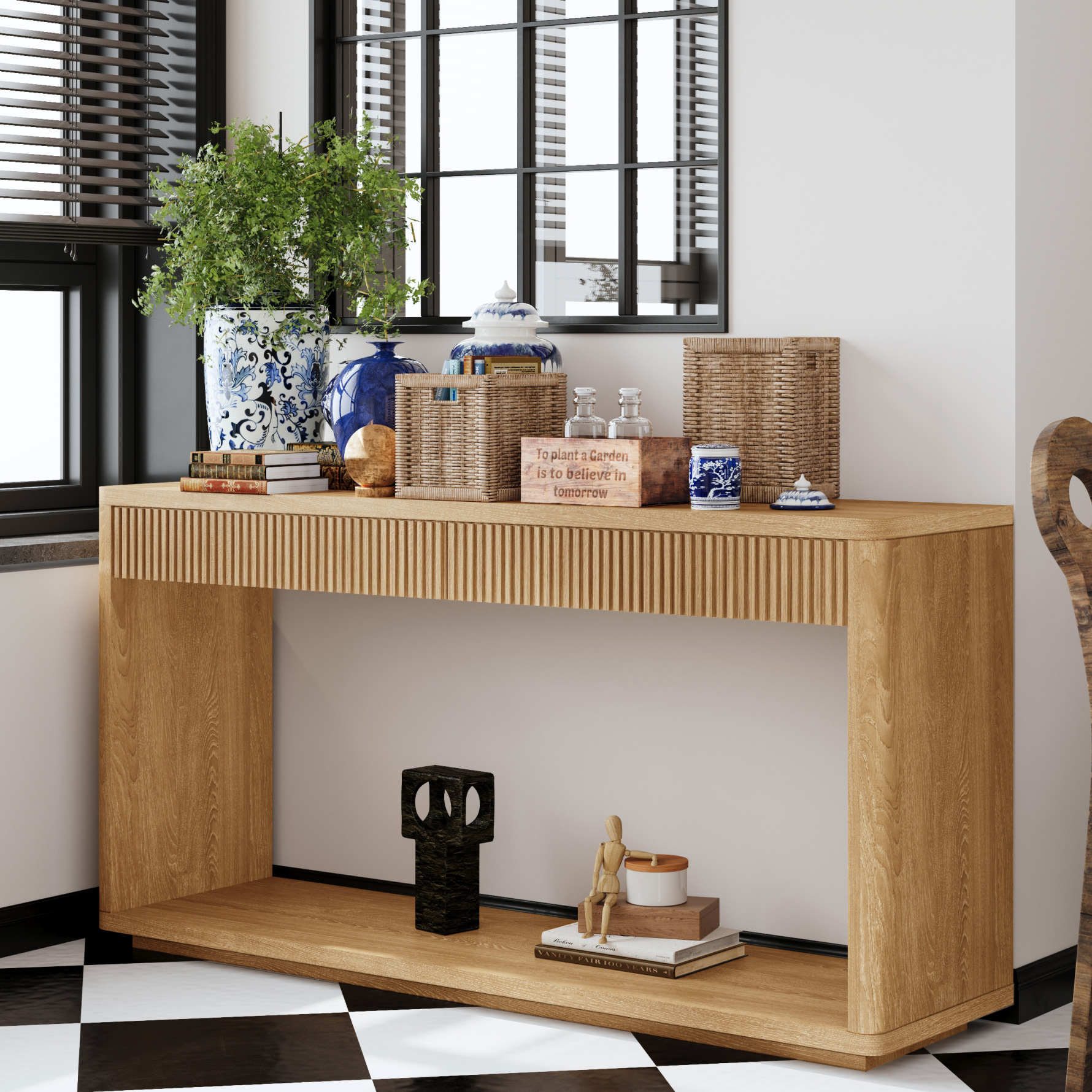 60" Fluted Console Table with 2 Drawers, Modern Sofa Table Behind Couch with Open Storage Shelf, 2 Tier Entryway Table for Living Room, Hallway, Natural