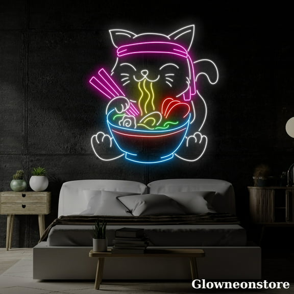 Glowneon Cat Eat Ramen Neon Sign, Lucky Cat Led Sign, Ramen Restaurant Signboard