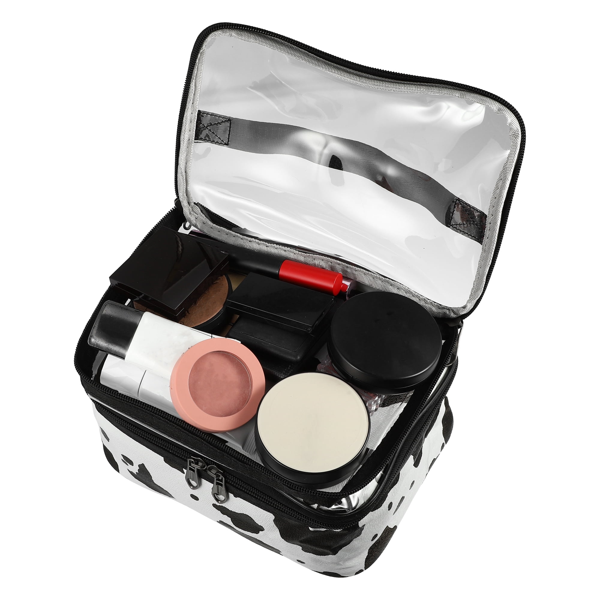 Unique Bargains Double Layer Makeup Bag Cosmetic Bags Organizer Bag Cows Texture White