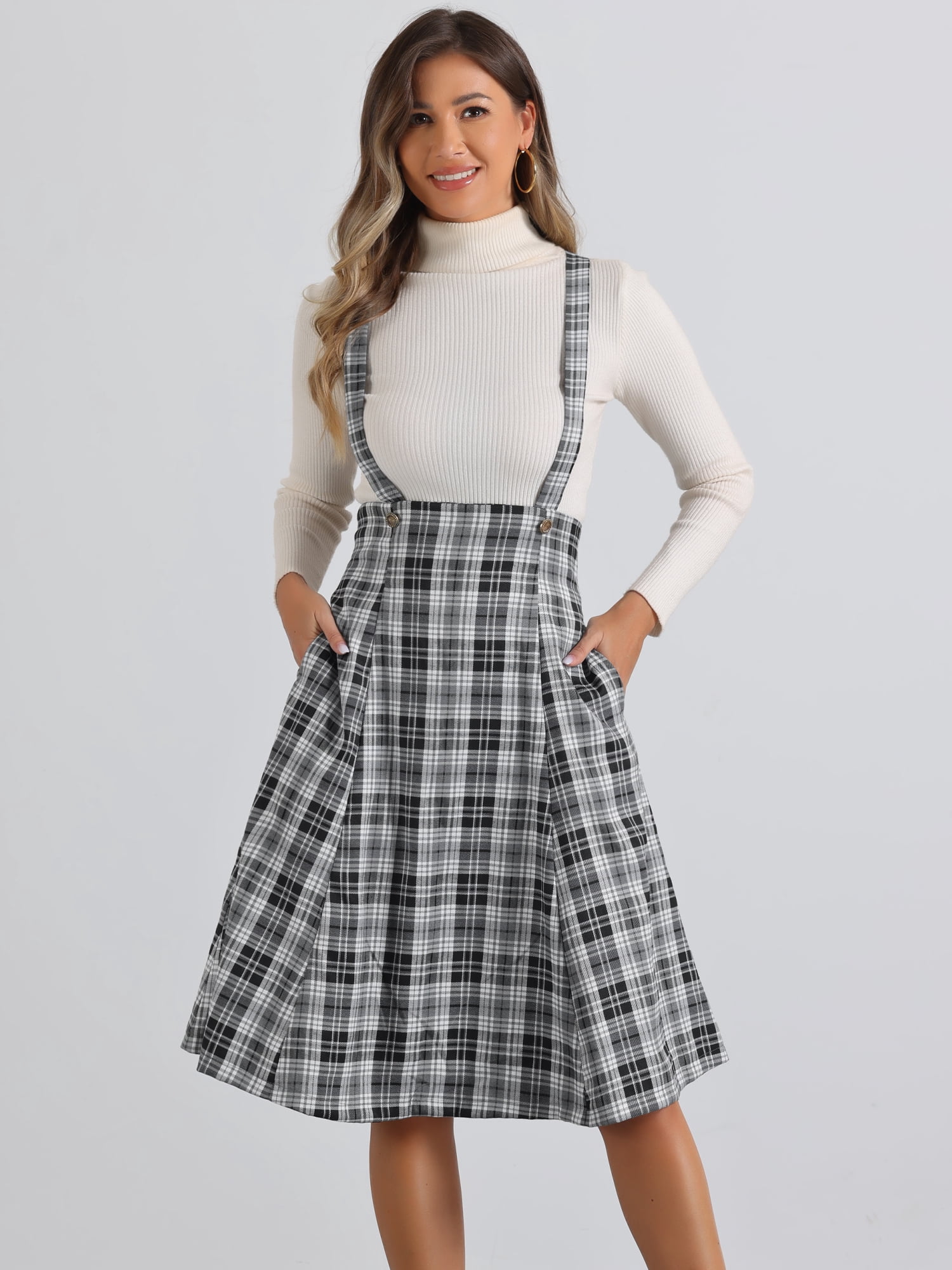 DARING DIVA Women's Tartan Pinafore Plaid Midi Suspender Skirt M Black